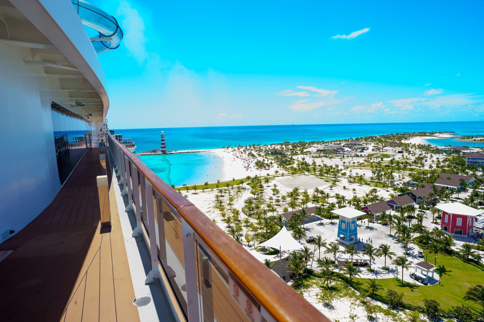 Looking down from a ship's deck over Ocean Cay