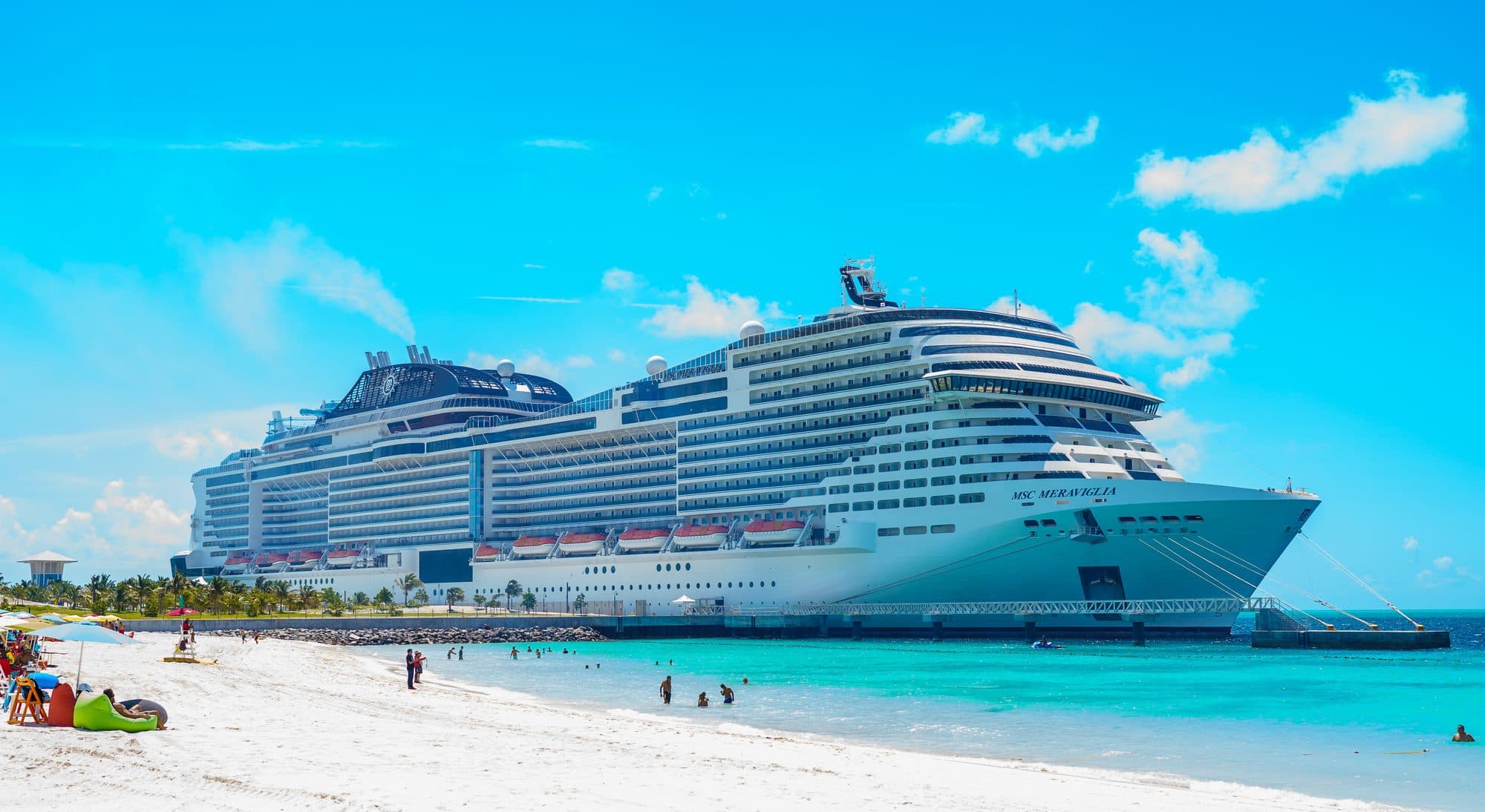 An MSC ship docked beside the white sand at Ocean Cay, photographed by Kathryn