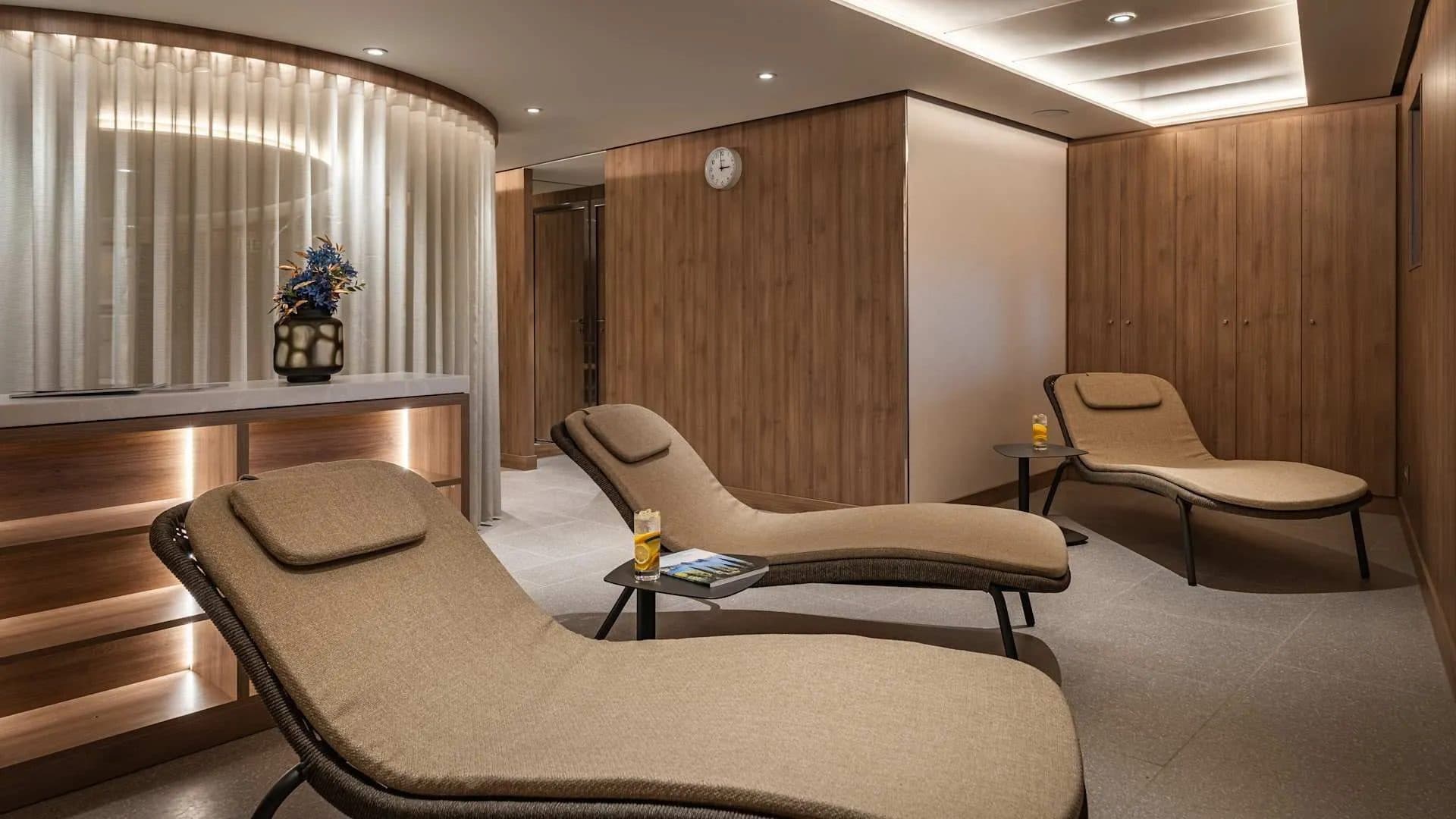 World Spa by Windstar, with a grand entrance from the deck above, plus a fitness facility.